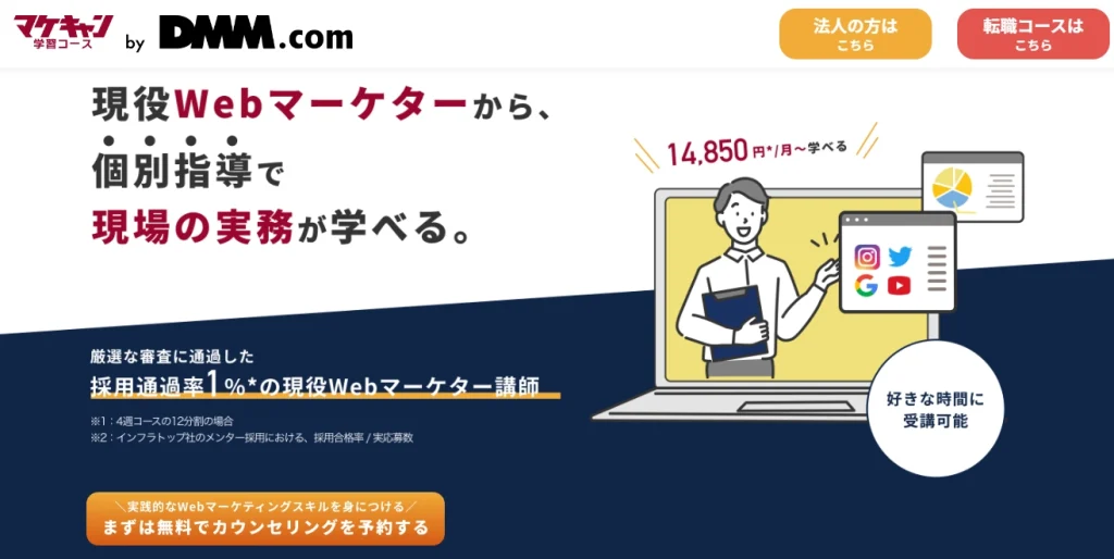 マケキャンbyDMM.com　現役Webマーケターから、個別指導で現場の実務が学べる